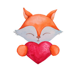 Cute little fox with a red heart in his hands. Romantic clipart. Valentine's Day, Birthday and other holidays.