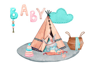 Children's wigwam for games with a sleeping bunny on a pillow. Hand drawn watercolor isolated on white background for print, card, invitation, poster, label and other.. © Alyona Pugachova