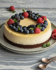 Cheesecake decorated with blueberry, raspberry, blackberry and leaves of mint