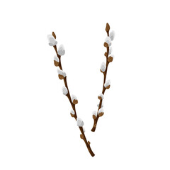 Easter spring twigs blossom pussy willow tree. Vector spring holiday illustration in cartoon flat style isolated on a white background. - obrazy, fototapety, plakaty