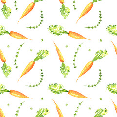 Watercolor thyme herb and orange carrot seamless pattern. Hand drawn mage for fabric, textile, fashion, packaging , wallpaper print. Fresh modern texture, bright colors. White background.
