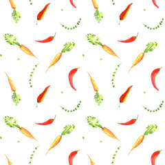 Watercolor thyme herb, carrot, chili pepper seamless pattern. Hand drawn mage for fabric, textile, fashion, packaging , wallpaper print. Fresh modern texture, bright colors. White background.