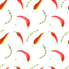Watercolor red chili peppers and thyme herb seamless pattern. Hand drawn mage for fabric, textile, fashion, packaging , wallpaper print. Fresh modern texture, bright colors. White background. - 488646957