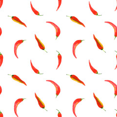 Watercolor red spicy chili pepper  seamless pattern. Hand drawn mage for fabric, textile, fashion, packaging , wallpaper print. Fresh modern texture, bright colors. White background.