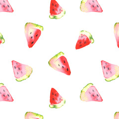Watercolor fresh watermelon slices seamless pattern. Image for fabric, textile, fashion, packaging , wallpaper print. Fresh modern texture, bright colors.