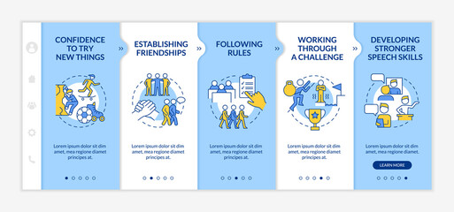 Signs of healthy child development blue and white onboarding template. Responsive mobile website with linear concept icons. Web page walkthrough 5 step screens. Lato-Bold, Regular fonts used