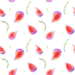 Watercolor fresh fruit figs and thyme herbs seamless pattern. Hand drawn mage for fabric, textile, fashion, packaging , wallpaper print. Fresh modern texture, bright colors. White background.