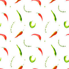 Watercolor thyme herbs and chili pepper seamless pattern. Hand drawn mage for fabric, textile, fashion, packaging , wallpaper print. Fresh modern texture, bright colors. White background.