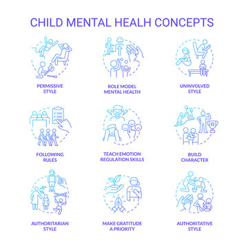 Child mental health blue gradient concept icons set. Build character idea thin line color illustrations. Teach emotion regulation skills. Isolated symbols. Roboto-Medium, Myriad Pro-Bold fonts used