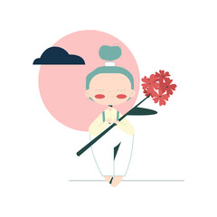 Cute girl against a pink spring sky with a flower in her hands