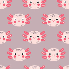 Hand drawn cute axolotls faces seamless pattern. Perfect for T-shirt, textile and print. Doodle vector illustration for decor and design.