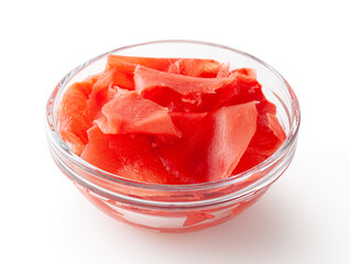 Red pickled ginger in glass bowl isolated on white background with clipping path