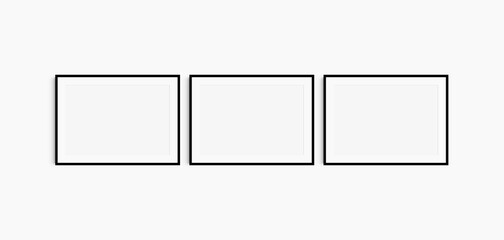 Horizontal frame mockup 7:5, 70x50, A4, A3, A2, A1 landscape. Set of three thin black frames. Gallery wall mockup, set of 3 frames. Clean, modern, minimalist, bright. Mat opening 3:2.