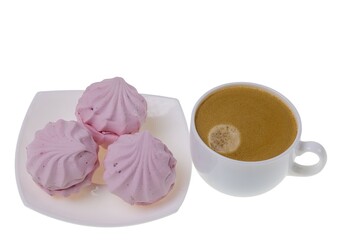Cup of coffee and pink marshmallow on saucer isolated on white background. 