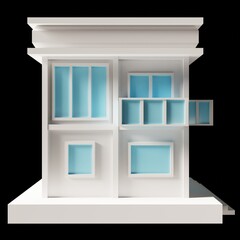 White building or modern style 2-floor house model. Architecture, low poly side 3d rendering. Blue window.	