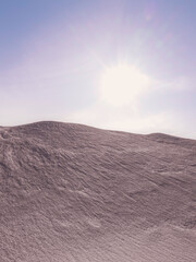 Arid landscape of sand dune and bright sun in the white purple sky