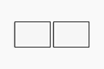 Horizontal frame mockup 7:5, 70x50, A4, A3, A2, A1 landscape. Set of two thin black frames. Gallery wall mockup, set of 2 frames. Clean, modern, minimalist, bright. Mat opening 3:2.
