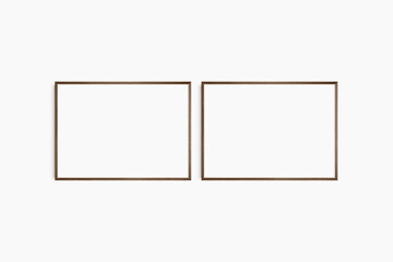 Horizontal frame mockup 7:5, 70x50, A4, A3, A2, A1 landscape. Set of two thin dark brown walnut wood frames. Gallery wall mockup, set of 2 frames. Clean, modern, minimalist, bright. Mat opening 3:2.