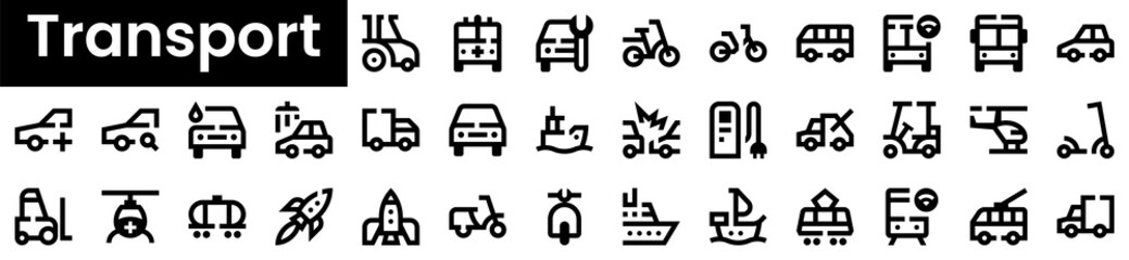 Set of transport Icons. Black flat icon collection isolated on white Background