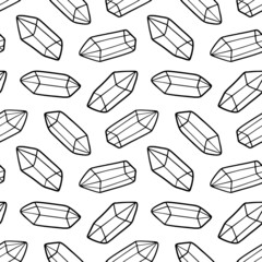 Black and white vector seamless pattern background with doodle crystals, magic stones, gems.

