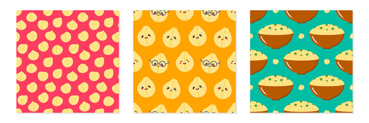 Set, collection of three vector seamless pattern backgrounds with hummus bowls and cute chickpeas characters.
