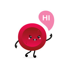 Cute cartoon style red blood cell, erythrocyte character with speech bubble saying hi, hello.
