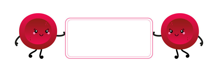 Couple of cute red blood cell, erythrocyte characters holding blank card, banner for blood donation, medical and healthcare design.