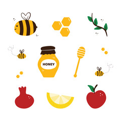 Set, collection of cute cartoon style icons for summer design with bees, honey and fresh fruits.
