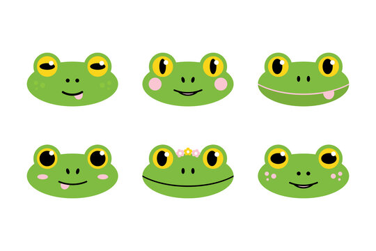Set, collection of cute cartoon style green frog characters with different facial expressions for animal, nature, cartoon design.