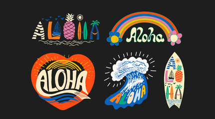 Aloha decorative text illustrations set - obrazy, fototapety, plakaty