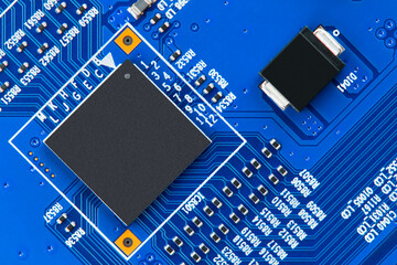 Electronic circuit board close up.	