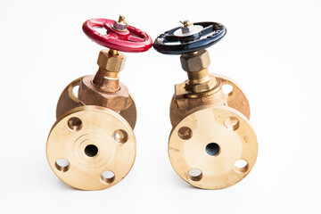 Two bronze valves for a water, oil or fuel system on a white background.