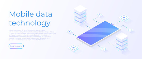 Mobile data techonology concept. Isometric phone with servers. Business analysis.