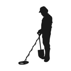 Silhouette of a man with a metal detector vector illustration in black on white background