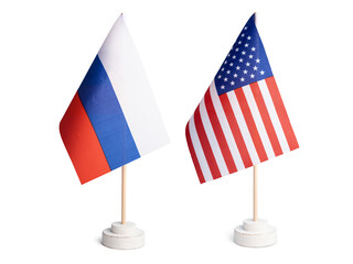 USA and Russia table flag side by side isolated on white background
