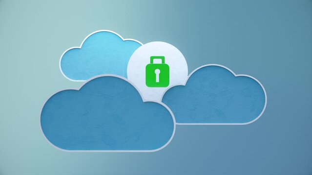 Secure Cloud service Technology Concept. Intro template design. Blue Clouds with a white outline and the green lock in the middle form a final composition.