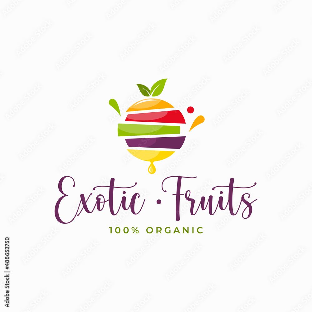 Sticker tropical fruits logo with fruit slices on white