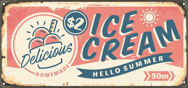 Ice cream retro sign template on pink background. Vintage icecream advertisement. Vector food illustration.