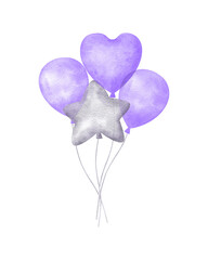 A composition of balloons in gray and purple. Watercolor hand painted clipart isolated on a white background