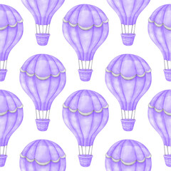 Naklejka premium purple very peri air balloon. Seamless pattern with a watercolor balloon. Cute flying machine on a white background. Children's print for fabric, textiles, paper