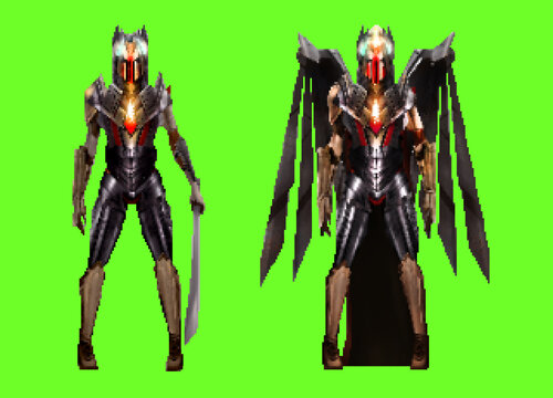 Pixel artwork illustration of 16 bit game sci-fi fantasy female character in armor suit with sword and wings on green screen background.