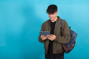 isolated student with tablet or laptop