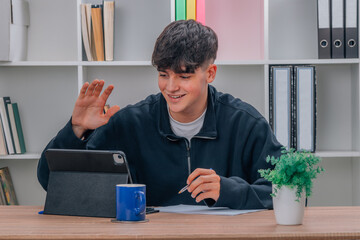 student at home with computer studying remotely