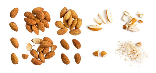 Collection of broken and whole almond nuts