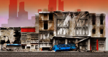 Pixel artwork illustration of destroyed city street ruins with demolished buildings. 16 bit game level design.