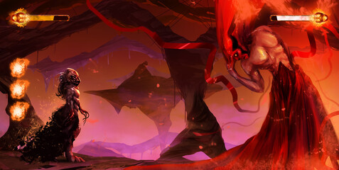 Artwork illustration of fantasy platformer pc or mobile game with monster protagonist character fighting final level demonic creature with health indicator on underworld background.