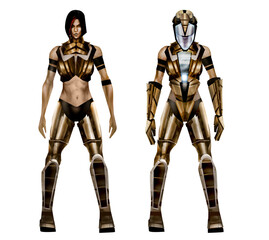 Artwork ilustration of fantasy sci-fi cyber girl in space suit outfit, character design, isolated on white background. © breakermaximus