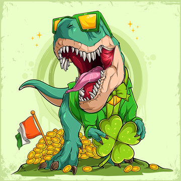 St Patrick's day lucky dinosaur T rex in Leprechaun suit holding a big clover and wearing Irish sunglasses