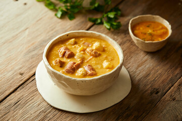 Mote pata is a traditional ecuadorian soup made from mote, pork, sausage and sambo seeds. It’s served on a white plate with a rustic, wooden and homey background. 