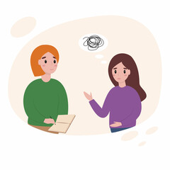 Cartoon illustration of psychotherapy practice therapy session. Treatment of stress, addictions and mental problems.